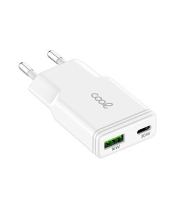 Carregador de Rede Universal Fast Charger (PD) Dual Type-C / USB COOL (30W) Branco