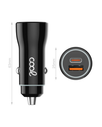 Carregador de Carro Cabo Tipo-C (2 x USB + Tipo-C) COOL 38W Kit 2 em 1 Preto
