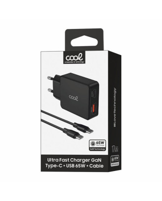 Carregador de rede duplo universal USB + PD Tipo-C + Cabo de carregamento COOL (GaN 65 W) Preto