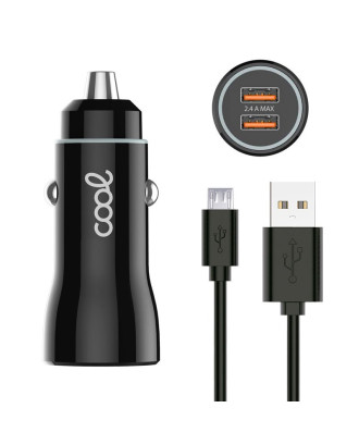 Carregador de carro Cabo MicroUsb (2 x USB) COOL 2.4A Kit 2 em 1 Preto