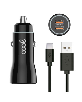 Carregador de carro cabo tipo C (2 x USB) COOL 2.4A Kit 2 em 1 preto