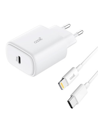 Carregador de Rede rápido universal (PD) Tipo C COOL (25 W) Branco + Cabo Tipo-C para Lightning